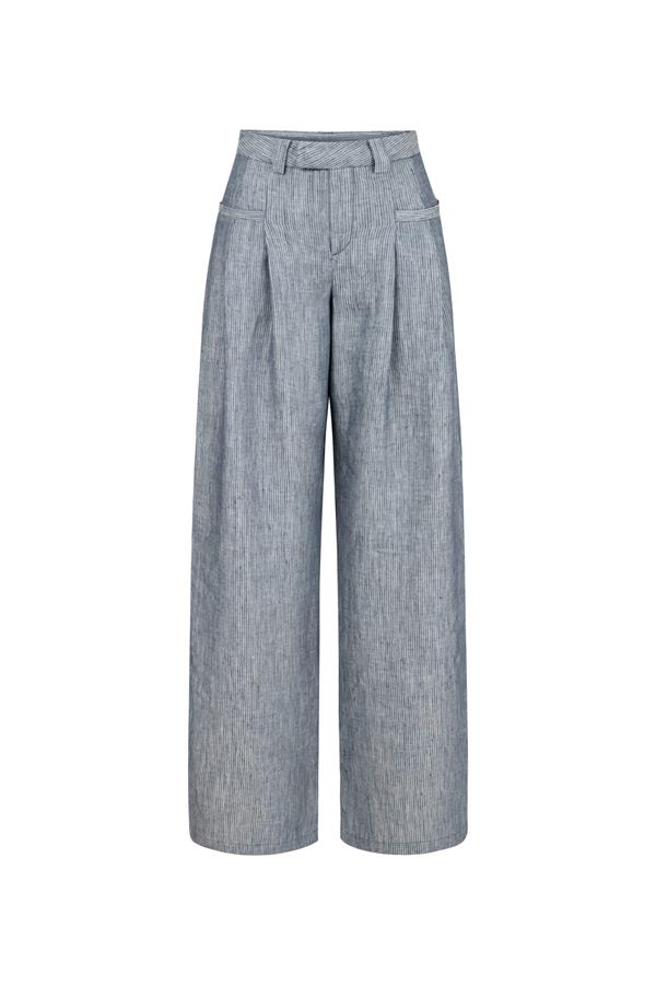 Candice Blue Linen-Blend Striped Pants